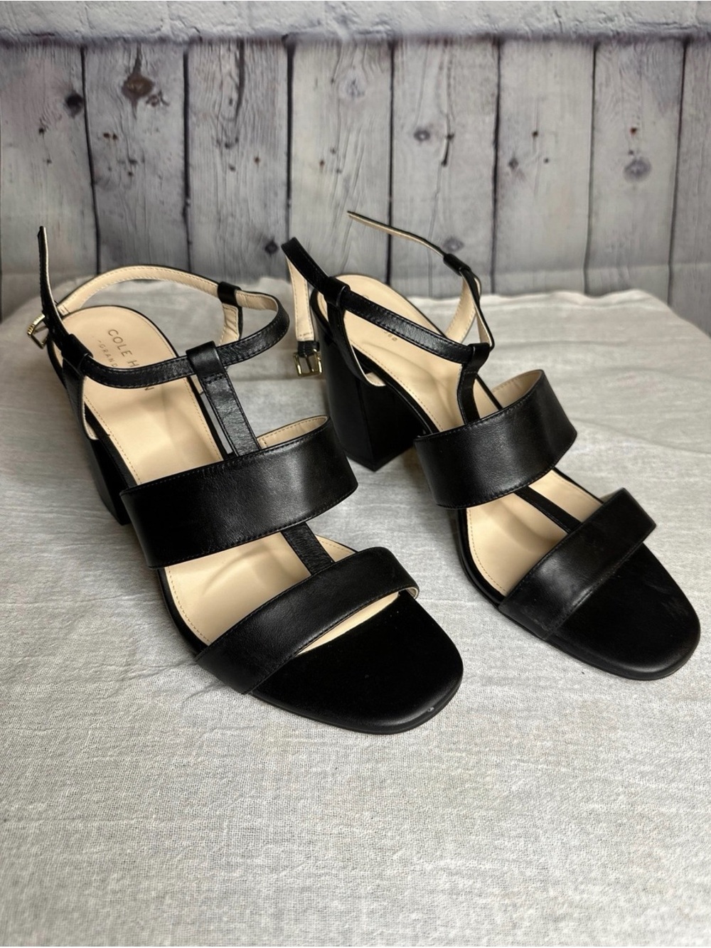 Cole Haan Black Leather Strappy Block Heel Sandals